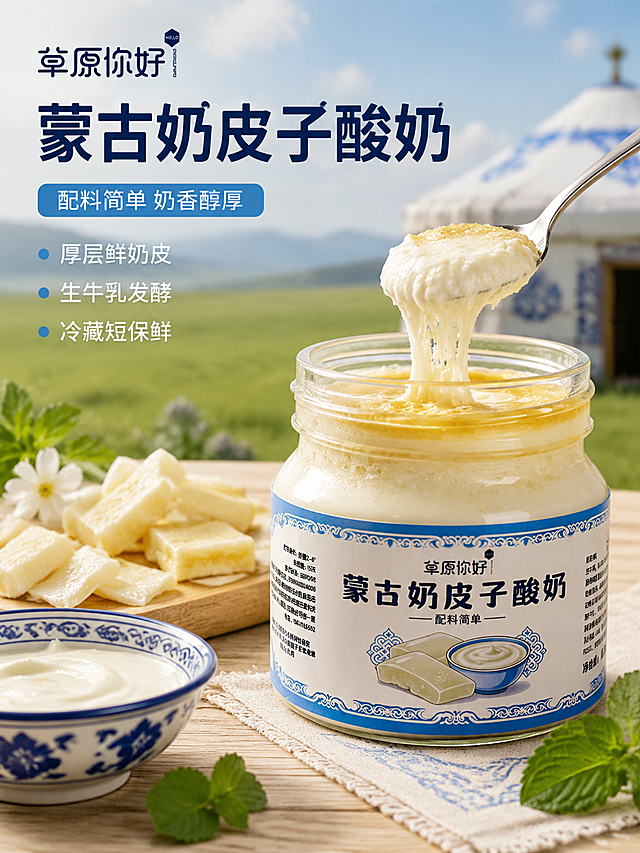[第1屏] 详情页头图-蒙古奶皮子酸奶食欲氛围主视觉海报。本屏使用【图1】【图2】作为商品主体参考。
[氛围/风格] 草原清新奶白蒙古风 温馨餐桌食用场景 高级食欲感 商业摄影质感。
[元素布局] 画面右侧居中放置一罐打开盖子的蒙古奶皮子酸奶 罐内厚层奶皮子金黄油亮 酸奶绵密乳白 银色小勺舀起一勺 奶皮子拉丝滴落 罐身蓝白蒙古花纹标签清晰 草原你好品牌名 蒙古奶皮子酸奶字样 配料简单 全部与输入图一致 无变形无色差 左侧浅木餐桌 散落几块鲜奶皮子 蓝色蒙古花纹瓷碗盛酸奶 背景虚化草原蓝天蒙古包剪影 前景薄荷叶奶花点缀 商品主体占比约60% 画面满屏。
[光影质感] 自然暖阳侧逆光左上照射 奶皮子金黄油光 酸奶乳白通透 玻璃罐身柔和高光 阴影柔和自然 暖调食欲感强 暗部有层次。
[配色色系] 全局底色 #F8F6F0 奶白色 主色蒙古蓝 #2E7DBA 辅助色金黄奶皮色 #E8C872 浅木色。
[视角构图] 平视微俯视 产品为视觉中心 前中后景分层 景深中等 产品完整不裁切 阅读动线左上标题→右侧产品。
[文字版式] 左上负空间左对齐。主标题「蒙古奶皮子酸奶」 深蓝色粗黑体 最大号。副标题「配料简单 奶香醇厚」 白色细黑体 约一半大小。下方三行短句带蓝色小圆点 「厚层鲜奶皮」「生牛乳发酵」「冷藏短保鲜」 白色细体。左上角品牌名「草原你好」 与产品标签字体一致。所有文字不遮挡产品主体。
[比例分辨率] 3:4 竖版比例 4K分辨率 文字清晰可辨 高清画质。
[负向提示词] 变形 水印 文字错乱 错别字 乱码 缺件错件 结构错误 颜色偏差 包装文字错乱 产品图模糊 背景杂乱。