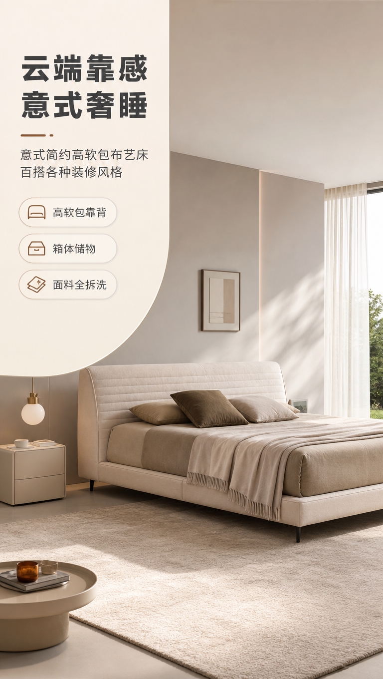 [商品] 使用【图1】意式简约高软包布艺床；保留床的整体结构、… - 图片创意预览