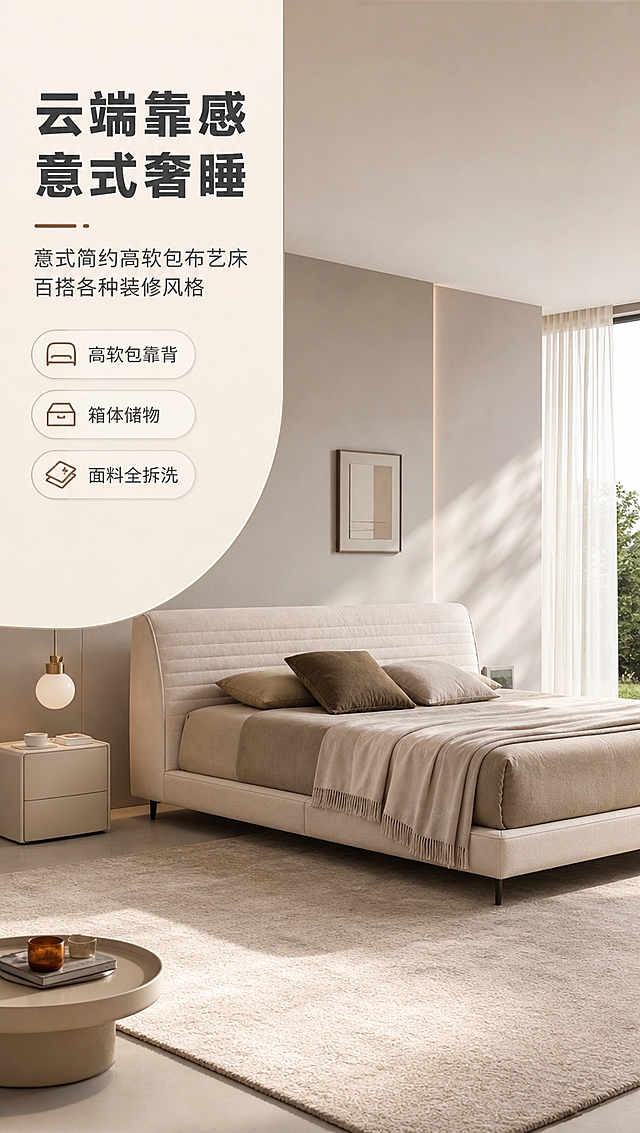 [商品] 使用【图1】意式简约高软包布艺床；保留床的整体结构、高软包靠背、浅米色布艺面料、金属细脚、低床箱造型、床头与床尾比例；商品处理：自然理顺面料褶皱，增强布艺纹理质感与缝线细节，提升金属脚光泽，不改变床的版型、颜色和结构。
[画面] 目标：首屏吸引注意，展示整屋意式极简卧室场景与床的全貌高级感。左文右景构图，左侧约1/3竖列文案区，右侧2/3为卧室大场景；床位于画面中右区域，占画面约60%，侧视45°角度；前景有浅米色地毯与床边几，中景为床品与床主体，后景为浅灰色墙面、落地窗与纱帘，自然光从右侧洒入，营造慵懒午后高级卧室氛围。
[视觉] 套系策略：风格=意式极简高级商业摄影；标题字=现代无衬线粗体（思源黑体Heavy）；正文字=简洁无衬线体（思源黑体Regular）；主色=浅米杏+奶咖色；背景延展=基于浅米杏做深浅层级、同色渐变和细腻哑光墙面/织物质感；强调色=深焦糖棕，仅用于小面积图标、引线和标签；标题色=深炭灰；正文色=中暖灰；组件=圆角浅底信息卡、细线引线、极简icon；光影=右前侧暖柔自然光，柔和阴影，高光亮调。
[文字] 左侧竖列：主标题「云端靠感 意式奢睡」（8字），副标题「意式简约高软包布艺床 百搭各种装修风格」（16字），下方3条亮点胶囊：「高软包靠背」「箱体储物」「面料全拆洗」；文字不遮挡床主体与靠背，手机端清晰可读。
[规格] 图片比例9:16竖版，4K分辨率，避免变形、错字、文字过小、冷蓝/蓝灰背景、床颜色改变、结构失真、极限词。