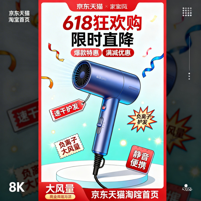 618大促电商营销海报，动漫风格，高颜值家用负离子吹风机主体，画面干净高级，强视觉冲击力，促销氛围热烈，适合电商主图直通车详情页头图，构图饱满层次分明，色彩明快吸睛，大字促销文案醒目，居中对称构图，产预览效果