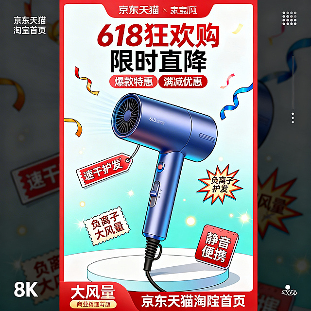 618大促电商营销海报，动漫风格，高颜值家用负离子吹风机主体，画面干净高级，强视觉冲击力，促销氛围热烈，适合电商主图直通车详情页头图，构图饱满层次分明，色彩明快吸睛，大字促销文案醒目，居中对称构图，产品居中突出，前景悬浮促销标签，背景简约渐变不抢主体，扁平化动漫插画风格，线条流畅干净，光影柔和质感强，留白合理，信息层级清晰，主色为活力红+科技蓝+清新白，高饱和对比色，明亮通透，符合618大促视觉调性，不杂乱不刺眼，大字突出文案："618狂欢购"、"限时直降"、"爆款特惠"、"满减优惠"、"速干护发"、"负离子护发"、"大风量"、"静音便携"，搭配优惠券、爆炸贴、彩带、光点等促销装饰元素，画质高清细节，8K，商业海报质感，无水印，排版规整，适合京东天猫淘宝首页推广