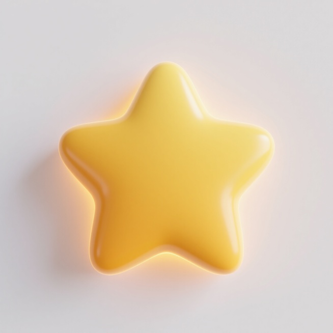 一颗立体感十足的黄色五角星，具有光滑圆润的边缘和饱满的形态，表面呈现出柔和的渐变黄色，中心颜色较浅，边缘颜色稍深，散发着明亮而温暖的黄色光晕，光晕从星星边缘向外逐渐变淡，形成柔和的过渡效果，整体风格为3D立体、渐变色彩、光滑质感、发光效果，背景为纯白色，使星星更加突出和醒目。预览效果
