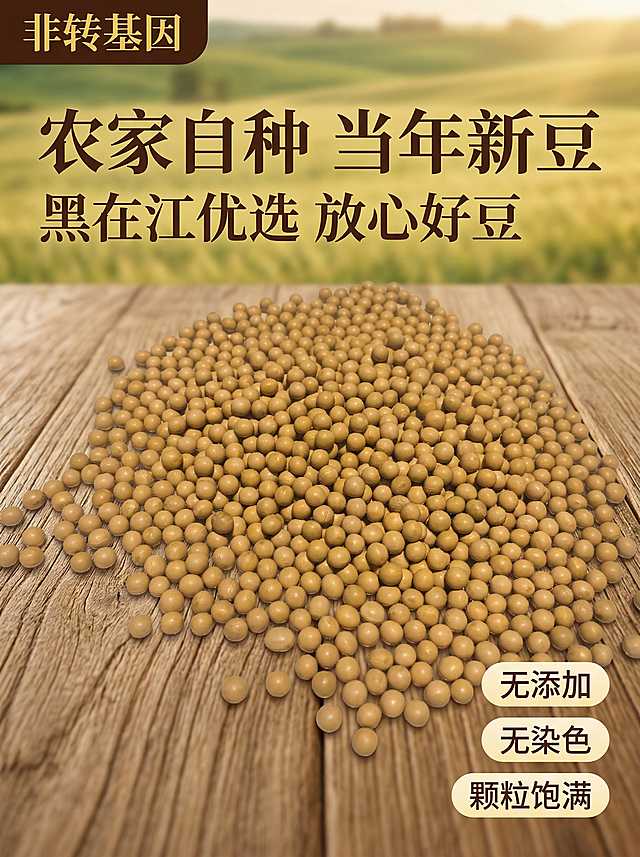 [垫图] https://gdesign-dam-hz.dancf.com/35978740068894858/1dcd8296fa8a4761bd9c6fd4dc470544.jpg
[主图主题] 农家自种黄豆高转化首图
[氛围/风格] 高级朴实风格，自然乡村氛围感，新鲜真实
[画面元素] 颗粒饱满的黄大豆铺在质朴的木质桌面上，黄豆主体占据画面中心区域，采用自然散开展示方式，背景融入模糊的农田风光，午后暖光斜洒，营造自然新鲜的食欲感，背景铺满全屏无边框
[配色色系] 主色调：天然米黄色（黄豆），辅助色：原木棕（桌面），浅绿（远景农田），暖调自然光增加通透感
[视角构图] 平视俯视结合，景深适中，主体黄豆占画面约60%，视觉焦点突出
[文字版式] 主标题“农家自种 当年新豆”，副标题“黑在江优选 放心好豆”，左上角深褐底黄字标签“非转基因”，右下角三个胶囊标签：“无添加”、“无染色”、“颗粒饱满”，字体选用无衬线粗体和宋体搭配，字色提取黄豆黄和深棕色，文字均悬浮于背景留白区域，不遮挡黄豆主体，采用左文右图布局，左上角放置主标题，右下角放置卖点标签，整体构图平衡透气，高级朴实感拉满
[比例分辨率] 3:4比例，2k分辨率，保持产品外观和原图100%一致