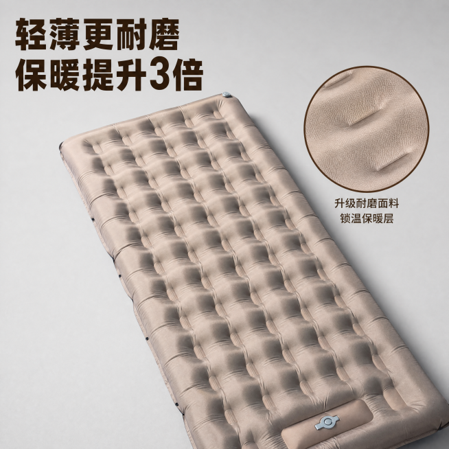 [主图-4] 户外充气睡垫材质细节特写图
[氛围风格] 微距质感品质展示
[画质] 商业摄影质感、超高清细节、画面干净高级
[元素] 放大展示充气睡垫表面纹理和材质，保留原有卡其色和布料纹理，突出轻薄预览效果