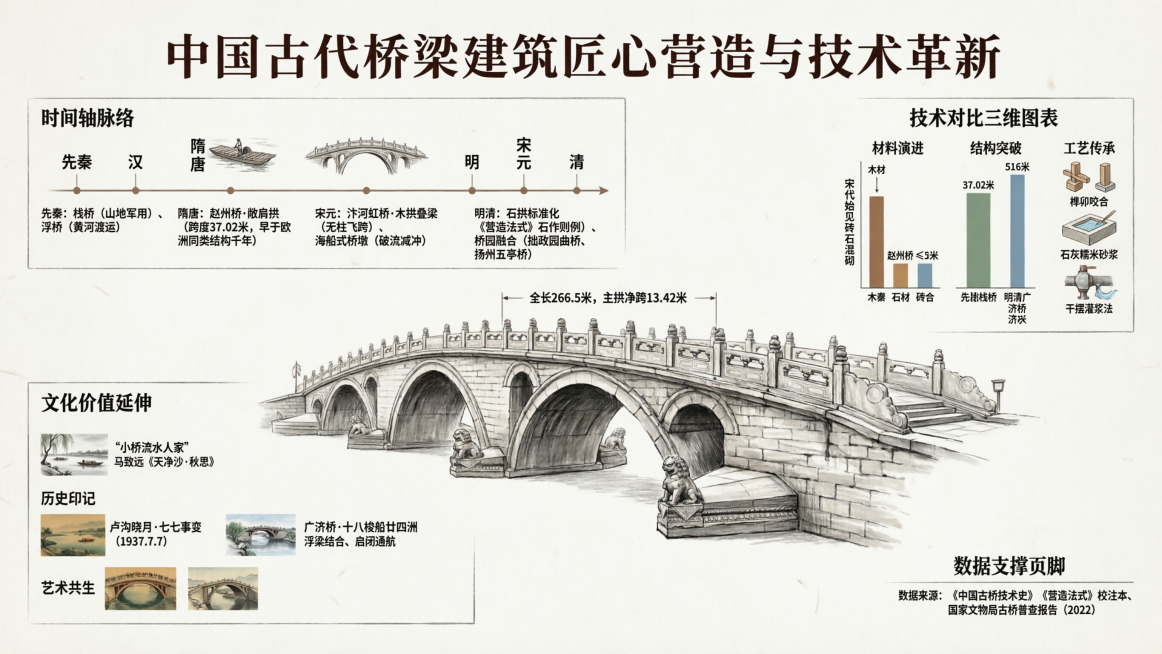 信息可视化图片，主题：《中国古代桥梁建筑匠心营造与技术革新》，中心构图，中间是以卢沟桥结构图为核心，四周对卢沟桥建筑的知识介绍。整体风格大气沉稳，创意突出，数据真实。结构：以时间轴脉络，以朝代为节点，预览效果