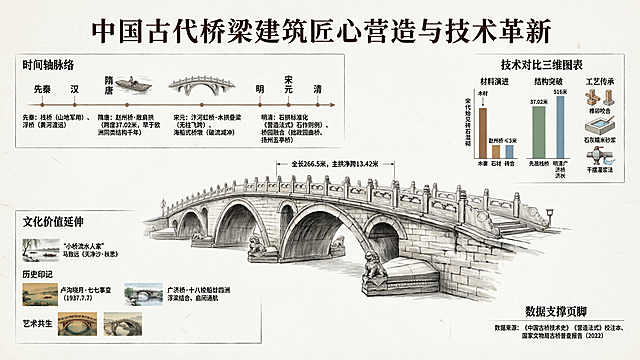 信息可视化图片，主题：《中国古代桥梁建筑匠心营造与技术革新》，中心构图，中间是以卢沟桥结构图为核心，四周对卢沟桥建筑的知识介绍。整体风格大气沉稳，创意突出，数据真实。结构：以时间轴脉络，以朝代为节点，梳理从先秦到明清桥梁技术的演变：先秦展示栈桥、浮桥的雏形，标注其在军事、交通中的作用；隋唐重点呈现赵州桥的敞肩拱设计，对比同期世界桥梁技术；宋元介绍汴河虹桥的木拱结构，以及海船式桥墩的创新；明清分析石拱桥的标准化建造，和桥梁建筑与园林艺术的融合。包含技术对比维度：材料革新从木材到石材的过渡，以及砖石混合结构的应用；结构创新包含拱桥跨度的提升、桥墩防洪设计的优化、梁桥的拼接技术；工艺传承介绍古代工匠的营造技艺，如榫卯结构、石灰砂浆的使用。延伸文化价值：包含桥梁与诗词、绘画的关联，如“小桥流水人家”的文化意象，著名桥梁的历史故事，如卢沟桥的七七事变、广济桥的“十八梭船二十四洲”。可视化形式包含交互式时间轴节点设计、数据对比图表展示不同朝代桥梁跨度长度变化，整体为信息图表设计，风格统一大气沉稳