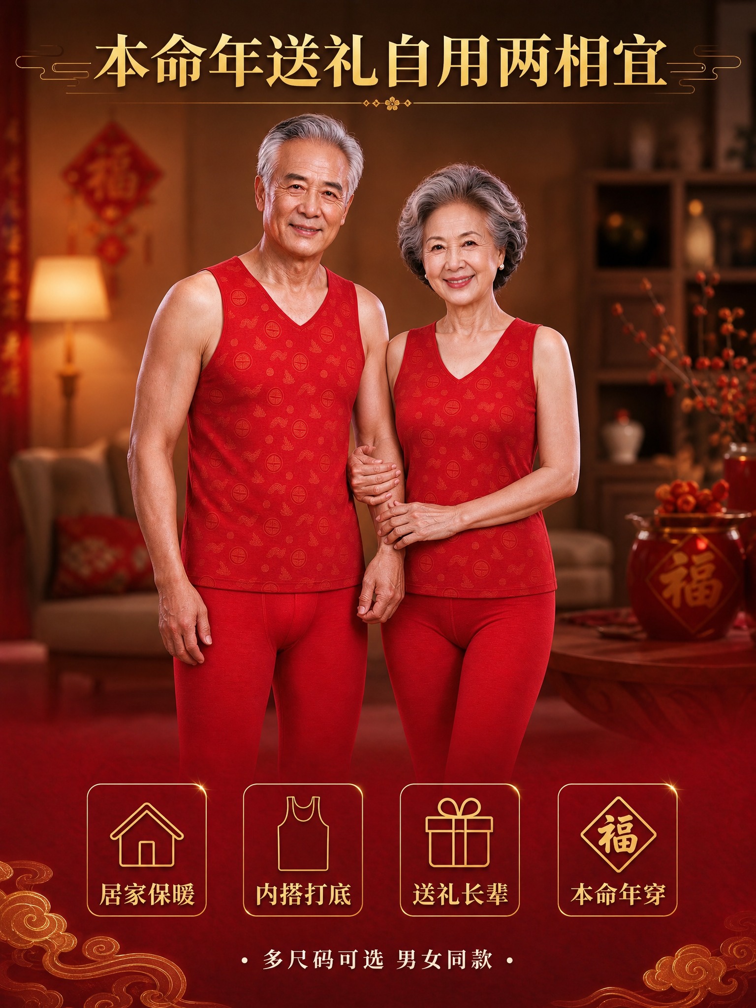 [主图-5] 适用场景与人群图，主题为本命年红背心多场景穿着与… - 图片创意预览