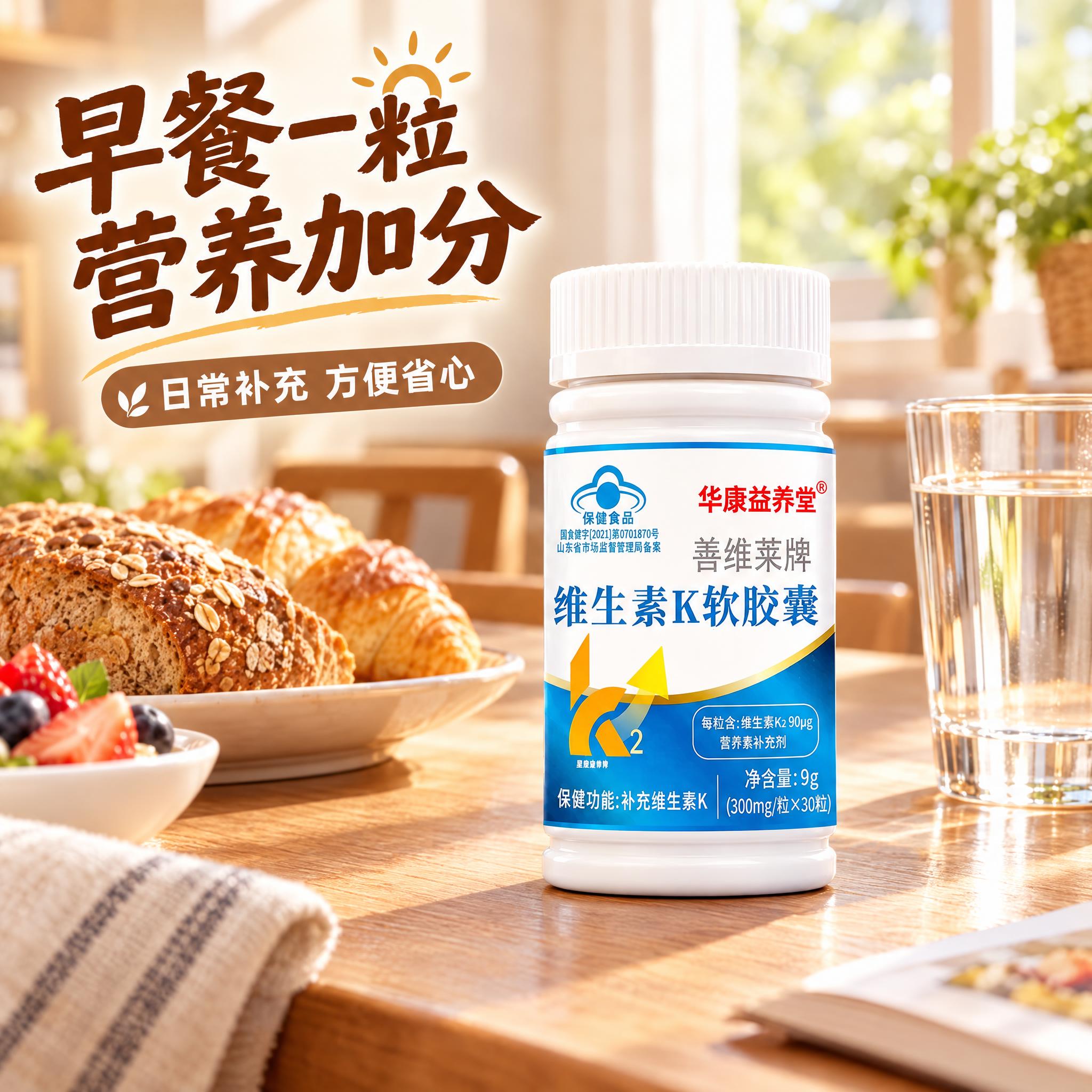 电商主图 维生素K软胶囊 产品瓶放在木质餐桌一角 旁边有一杯温… - 图片创意预览