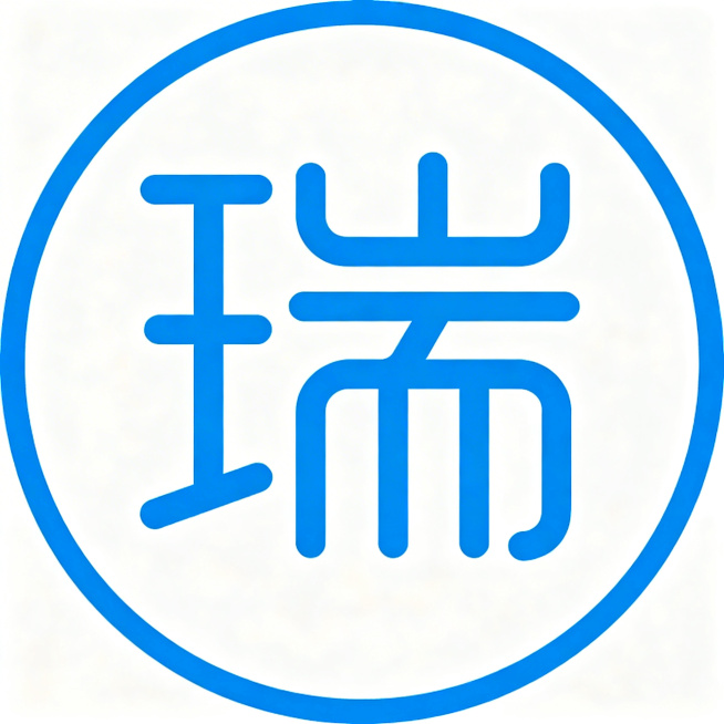 设计一个蓝色线性图标，主题为瑞科，风格为简约蓝色线性图标，外框为蓝色圆形边框，内部使用蓝色线条绘制相关符号，和参考图https://0.jpg保持一致的蓝色扁平线性图标风格预览效果