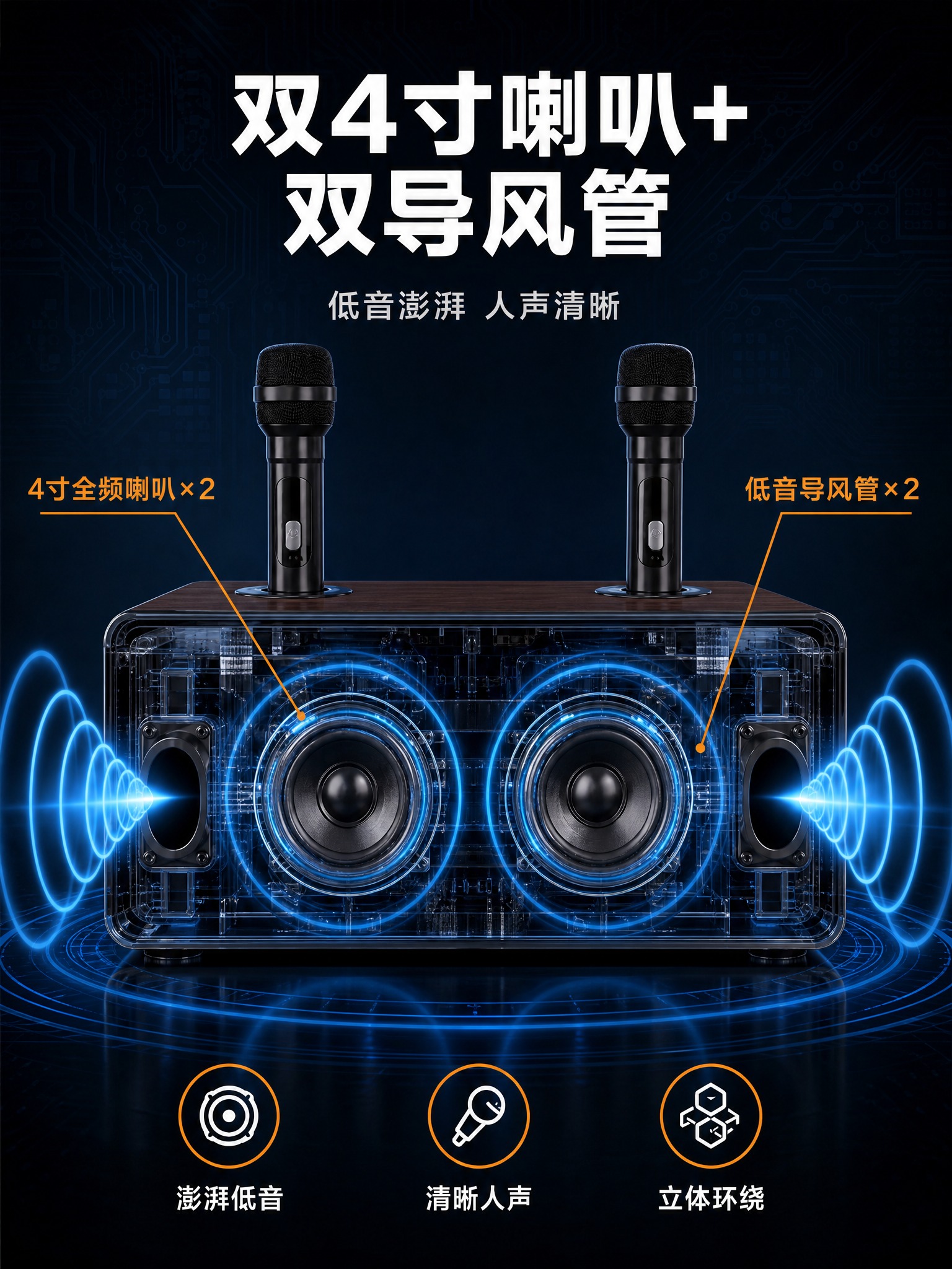 [主图-2] 双4寸喇叭+双导风管声学结构展示，3:4竖版淘宝… - 图片创意预览