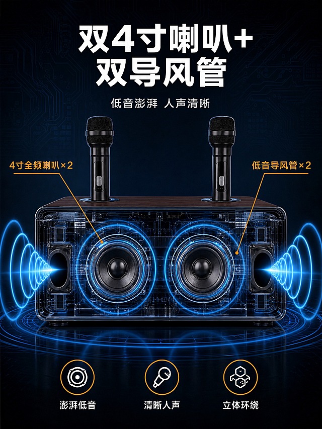 [主图-2] 双4寸喇叭+双导风管声学结构展示，3:4竖版淘宝天猫主图。
[统一基调] 深蓝色科技感风格，主标题白色粗体大字，副标题浅灰色，标注线橙色，图标橙色圆形描边，整体高端科技质感。
[画面] 画面顶部居中放置大标题，标题下方小字副标题。画面中央展示闻歌N-S10S音响的透明透视效果，可以清晰看到内部两个4寸全频喇叭单元和两侧的低音导风管结构，顶部插着两支黑色无线麦克风。喇叭周围有蓝色声波光环向外扩散，左右两侧有蓝色音波线条从导风管喷出，表现声音传播效果。左右两侧用橙色引线分别标注"4寸全频喇叭×2"和"低音导风管×2"。画面底部排列3个橙色圆形描边图标，分别对应澎湃低音、清晰人声、立体环绕三个特点。
[光影质感] 深色科技背景带电路板纹理暗纹，产品自发光效果，蓝色音波有发光质感，透明机身内部结构清晰可见，金属喇叭单元有光泽反射。
[配色] 背景为深蓝色渐变带电路板暗纹，主标题白色，标注线和图标橙色，音波效果蓝色，产品主体黑棕配色。
[文字版式] 顶部主标题"双4寸喇叭+双导风管"，副标题"低音澎湃 人声清晰"。左侧标注"4寸全频喇叭×2"，右侧标注"低音导风管×2"。底部三个图标旁文字：澎湃低音、清晰人声、立体环绕。文字工整清晰，无错字。
[输出要求] 3:4竖版比例，产品结构清晰，文字清晰可读无错字，科技感强，无水印无平台logo。禁止产品变形、文字模糊、结构错误。