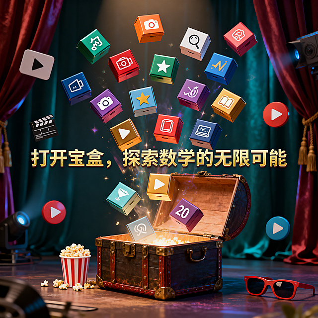 一个打开的宝箱，里面飞出20个不同颜色的小盒子，每个盒子上印着纪录片名称的简写图标，如🎬、🔍、🌟、📚等，宝箱周围环绕着播放按钮、爆米花、观影眼镜等观影元素，背景是电影幕布质感，画面配有文字"打开宝盒，探索数学的无限可能"，整体采用宝石色调，风格神秘而吸引人