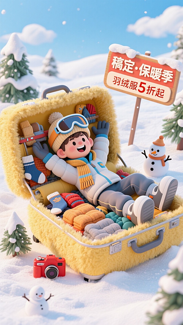一个卡通男生，穿着滑雪服饰、戴着滑雪镜和帽子，躺在打开的黄色毛绒行李箱里，里面有许多围巾、保暖服饰、袜子等，夸张动作；周围点缀一个小雪人、松树、红色相机、写有“稿定·保暖季”“羽绒服5折起”的标识牌，背景是蓝天白云和雪地