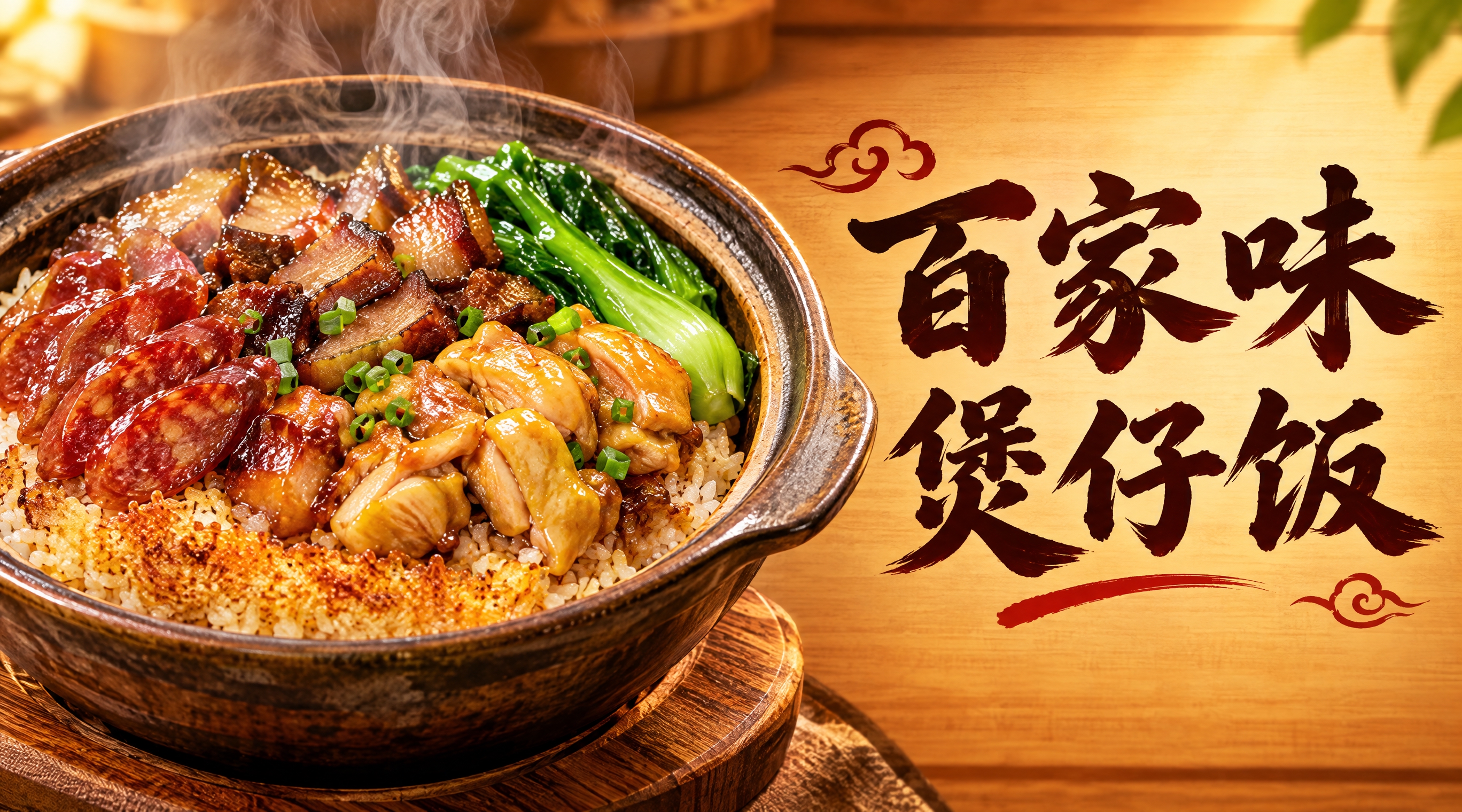 百家味煲仔饭店招设计，702x392横版。画面左侧是一碗诱人的… - 图片创意预览