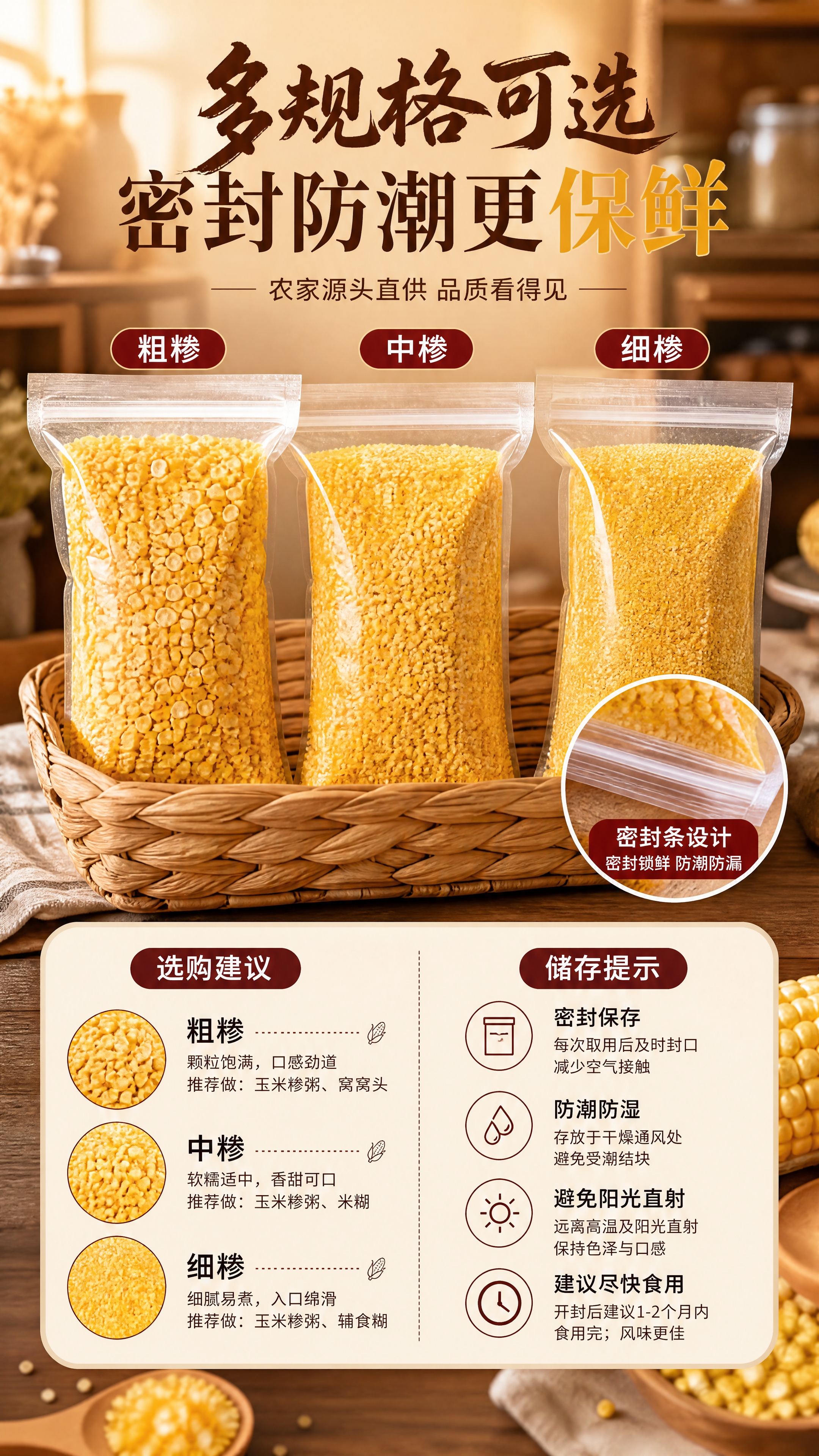 [商品] 使用【图1】东北玉米糁；保留金黄颗粒形态，展示密封包… - 图片创意预览