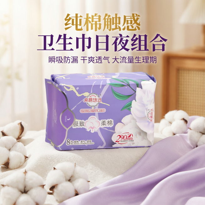 我是网店卖家，产品是女士生理期用品卫生巾，，根据你的经验帮我生成一个电商主图，/提升一些包装质感，切记不要出现网络违禁词,略微提升质感包装袋生成的包装主体不能改变，/背景可以更换更适合产品的高级背景/预览效果