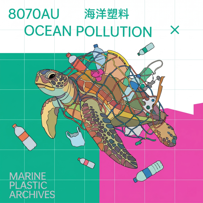 参考原图的扁平拼色插画风格，创作海洋塑料污染主题插画，主体是被塑料网困住的海龟，撞色网格设计，平面设计感，现代插画预览效果
