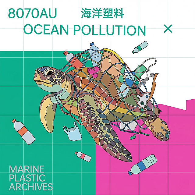 参考原图的扁平拼色插画风格，创作海洋塑料污染主题插画，主体是被塑料网困住的海龟，撞色网格设计，平面设计感，现代插画