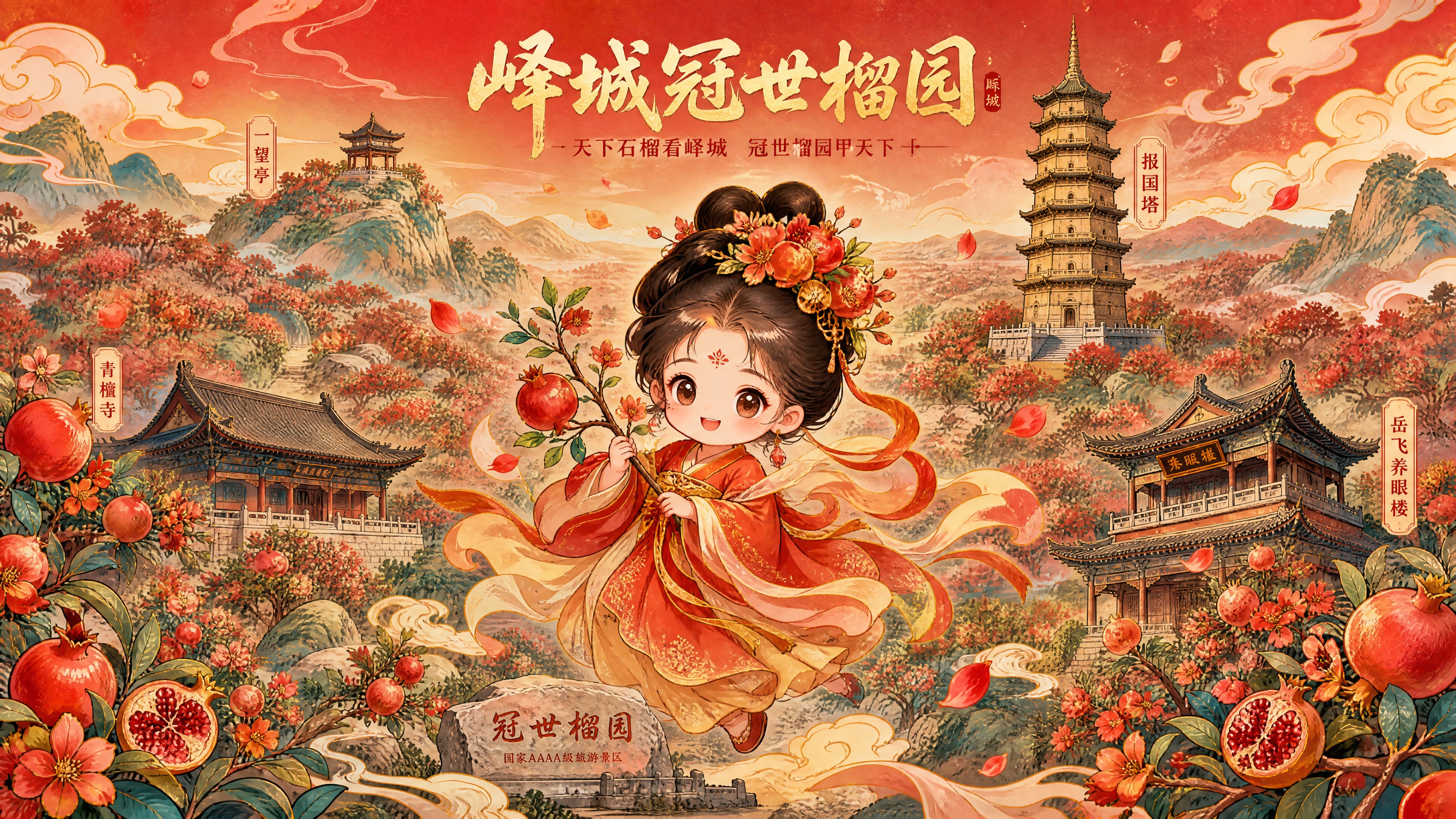 国潮插画长卷，新中式风格，红色主色调，横版16:9构图。画面展… - 图片创意预览