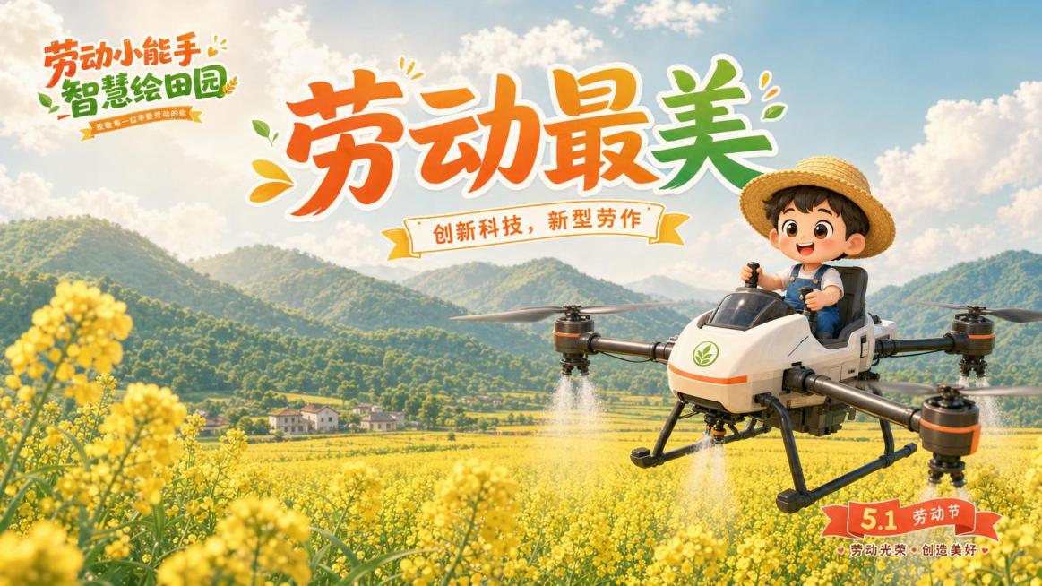 修改图片，改为16:9的海报尺寸，保留原有内容：Q版可爱小男孩头戴草帽身穿工装背带裤坐在无人机驾驶舱内在金黄色油菜花田洒水雾，远处有山蓝天背景；调整整体色调更加柔和，在画面上部中间添加大标题文字"劳动预览效果
