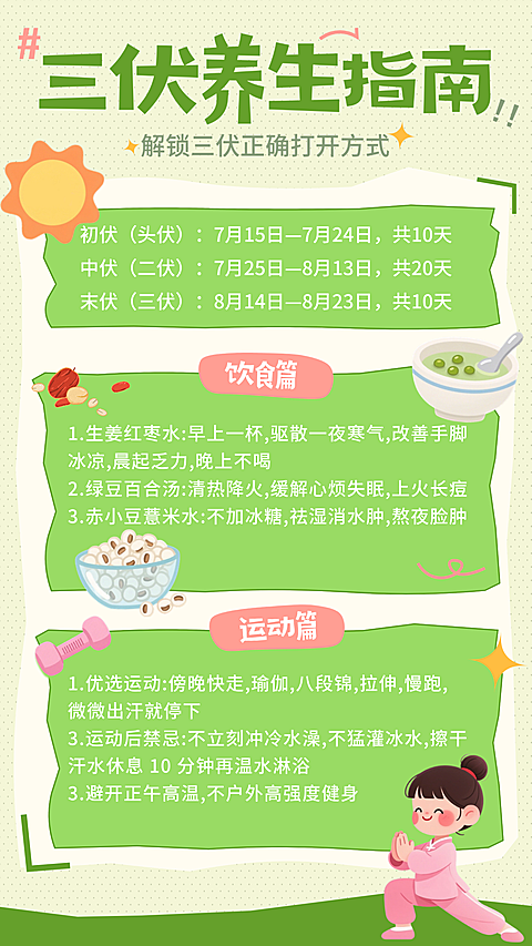 三伏养生指南知识科普卡通风竖版海报
