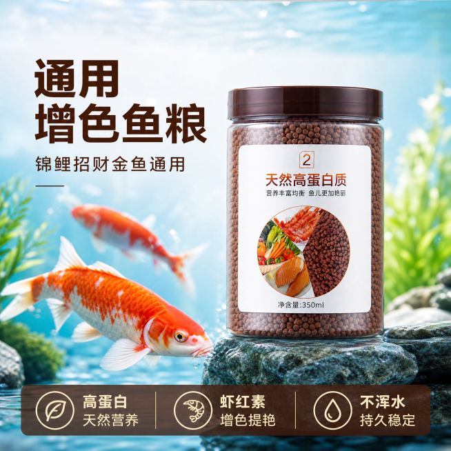 「图片1」，生成一套主图（5张），商品名称是通用型鱼食小颗粒锦鲤招财饲料家养观赏金鱼虾红素增色鱼粮不浑水鱼粮350ml/瓶(品牌随机)，卖点是高蛋白含虾红素，给鱼增色提色；颗粒耐泡不浑水，营养全面，适预览效果