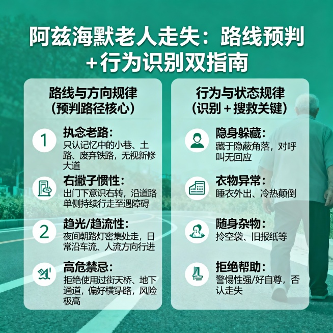 图 4 专项海报 3：路线方向 + 行为状态规律（预判路径 + 识别特征）
【标题】阿兹海默老人走失：路线预判 + 行为识别双指南
【主色】冷静绿
【左侧：路线与方向规律（预判路径核心）】
✅ 4 大预览效果