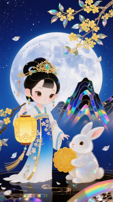 Q版古装少女（蓝白渐变桂花暗纹汉服、鎏金嵌玉发簪、流苏耳饰、暖黄色镂空宫灯）、绒毛蓬松玉兔（抱花纹金黄月饼），中景为有环形山细节的巨大满月，背景是深邃藏蓝色星空。点缀开满嫩黄花的桂花枝与飘落的半透明桂预览效果
