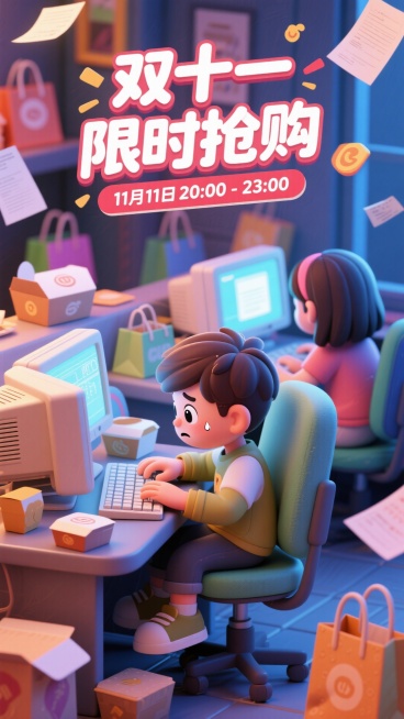 主画面中一个小男孩正坐在座位前，眼睛看向前方，紧张地打着键盘，额头上有细微的汗珠，脸部表情专注又忐忑，小女孩坐在旁边，同样目不转睛地注视前方。背对电脑，背景画面中上方写着“双十一限时抢购”的可爱字体字预览效果