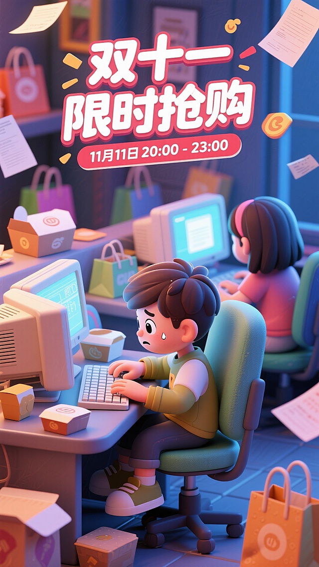 软3D卡通风格，轻拟物设计，塑料质感元素点缀，营造趣味十足的双十一促销氛围，人物表情生动，场景充满节日抢购紧张感。