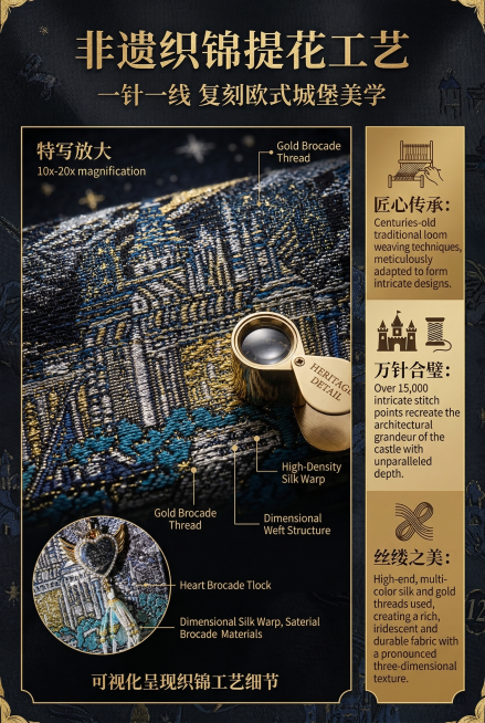 电商详情工艺展示页，严格还原上传的城堡提花手提包产品图，包括包装设计、颜色、LOGO位置、文字内容、图案元素等所有细节，产品尺寸比例保持1:1。特写放大产品城堡提花纹理，可视化呈现织锦工艺细节，背景为预览效果