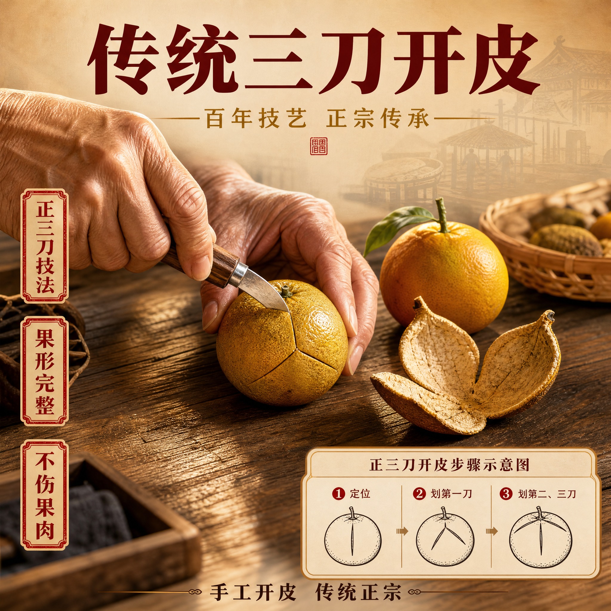 [主图-4] 传统三刀开皮卖点图，主题为传统工艺展示，突出正宗… - 图片创意预览