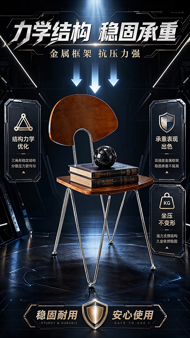 [第5张] 结构力学页-金属框架抗压力强，承重出色。本张使用【图1】作为商品主体。
[氛围/风格] 力量感科技风，结构力学展示，高级奢华，商业摄影质感，无人物。
[元素布局] 餐椅置于画面中央，占比约50%，座面上放置厚重的精装书籍/大理石摆件展示承重；背景为深色几何线条空间，有力学结构线、三角形稳定结构示意图、压力箭头特效从上方指向椅子；两侧有金属质感的承重数据展示板；椅子结构、比例、颜色、材质与输入图完全一致，无变形。
[光影质感] 顶部冷光聚射，侧光勾勒金属框架结构，明暗对比强烈，突出结构力量感与稳定性。
[配色色系] 全局底色 #0F1419（深蓝黑）；主色电镀金属银+胡桃木棕；辅助色科技蓝、冷金色、白色结构线。
[视角构图] 正面微仰视，中景，阅读动线顶部标题→中央产品+力学特效→两侧数据→底部卖点。
[文字版式] 版式为顶部通栏大标题+中央产品+两侧数据面板+底部卖点。主标题「力学结构 稳固承重」，艺术字体设计，笔画带几何线条与力量感装饰；副标题「金属框架 抗压力强」，衬线字体；两侧数据面板展示「结构力学优化」「承重表现出色」「坐压不变形」，配三角形/盾牌图标；底部标注「稳固耐用 安心使用」；文字不遮挡椅身。
[比例分辨率] 9:16 竖版比例，4K分辨率，文字清晰可辨，高清画质。
[负向提示词] 椅子变形，结构错误，比例失调，缺件错件，颜色偏差，人物出现，水印，文字错乱，文字过小，产品模糊，背景杂乱，内部结构图，椅子被压坏。