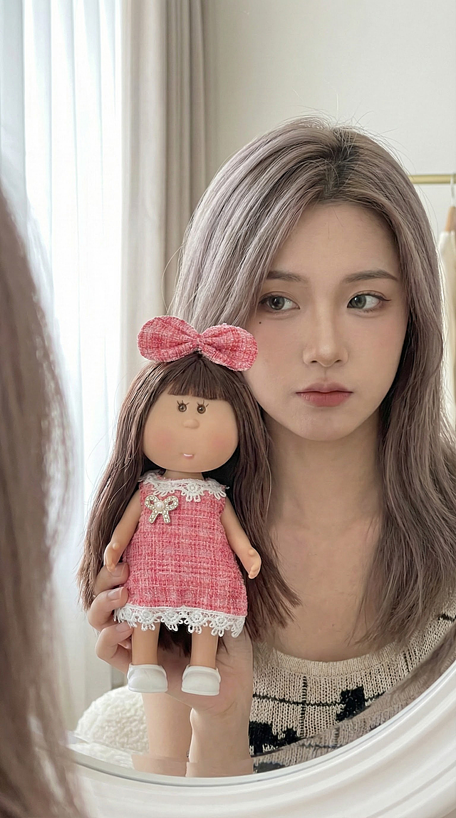 中的娃娃高度在24cm，需要生成奶茶发色美女，拿着娃娃，对镜子自拍的照片。要求9：16，画质高清，手中娃娃清晰，人物只露出上半身，美女风格可以多元化，比如御姐，辣妹，甜妹等，适合小红书平台种草娃娃产品的照片，生成不同的10张照片。