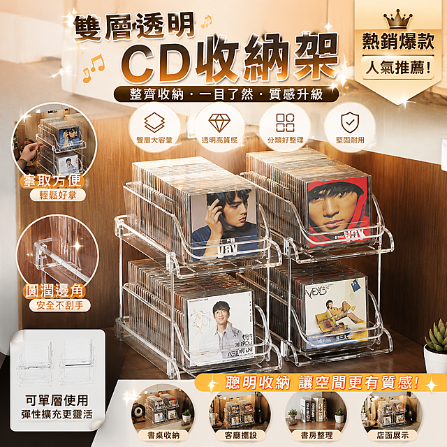 基於這張雙層透明CD收納架商品圖生成一張適合台灣蝦皮市場銷售的熱銷商品圖，風格有吸引力，激發購買慾，圖中不出現價格，所有文字改為繁體中文