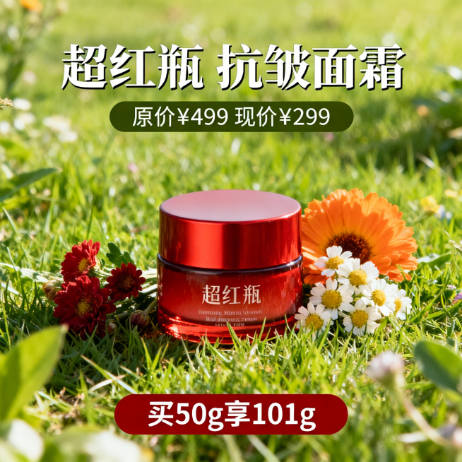 超红瓶抗皱面霜电商主图，场景为户外自然草坪，面霜瓶身搭配新鲜花卉，画面上方突出“超红瓶 抗皱面霜”，下方显示“原价¥499 现价¥299”“买50g享101g”，整体风格清新自然，充满生机，文字醒目突预览效果