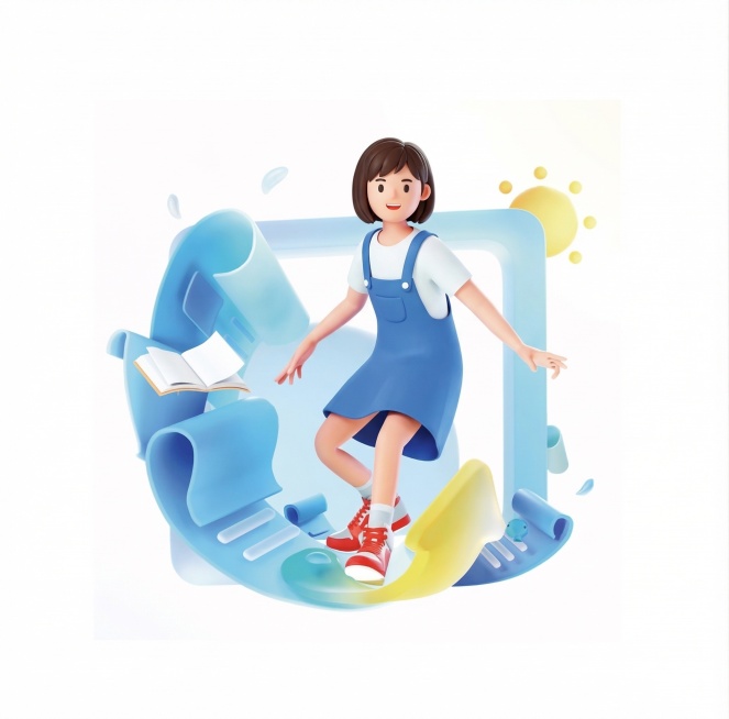 将画面中的男孩修改为女孩，消除图片颗粒感，保持整体画面构图、蓝色卷轴背景、书本和太阳元素不变，保持3D卡通风格，画面清晰光滑预览效果