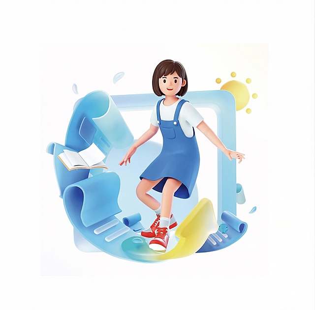 将画面中的男孩修改为女孩，消除图片颗粒感，保持整体画面构图、蓝色卷轴背景、书本和太阳元素不变，保持3D卡通风格，画面清晰光滑