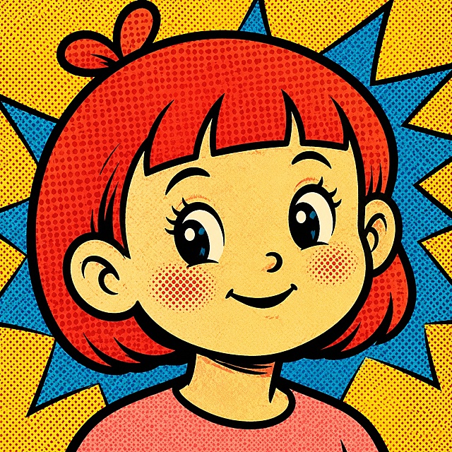 将这张卡通女孩头像改成复古美式漫画风格，保留红头发齐刘海小揪揪的特征，粗黑轮廓线，复古印刷网点效果，饱和度高的色彩，50年代美式卡通风格，波普艺术感
