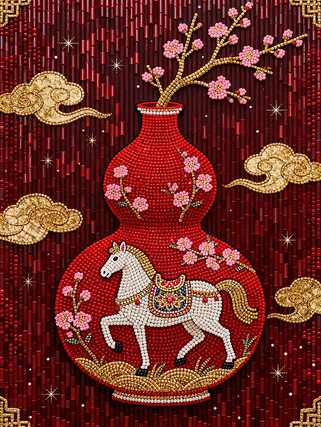 主体是一只巨大的、造型饱满的红色宝葫芦花瓶。瓶身通体装饰着超级精致的骏马踏春图案，马驹姿态矫健、马鞍华丽、周围环绕粉色梅花与金色祥云。瓶口延伸出几枝金色梅枝，粉色梅花点缀其间。背景为大面积深红色，装饰金色祥云与细碎星光，整体充满马年新春的喜庆与祥瑞。
