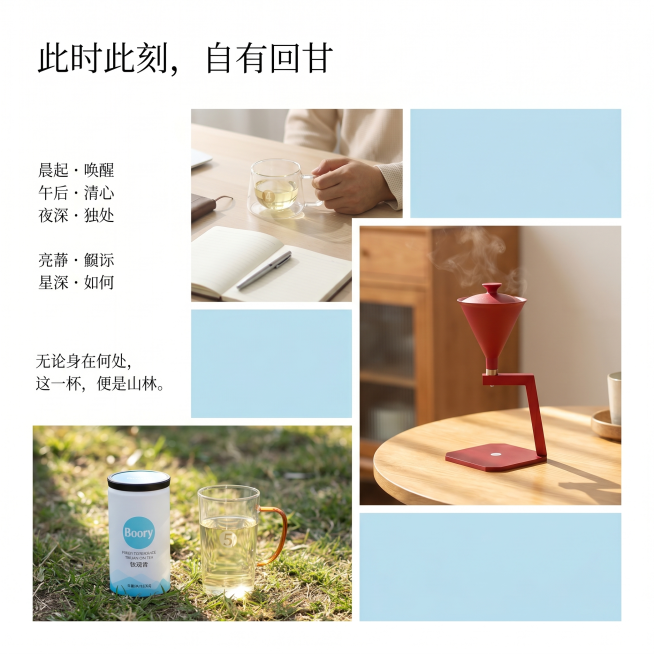 [主图 5] 多时段场景拼图，展示全场景饮用，大面积留白不拥挤。[氛围风格] 文艺生活氛围感，自然真实，符合品牌健康生活方式调性。[画质] 商业摄影质感、光线柔和通透、产品清晰真实、画面干净高级。[元预览效果