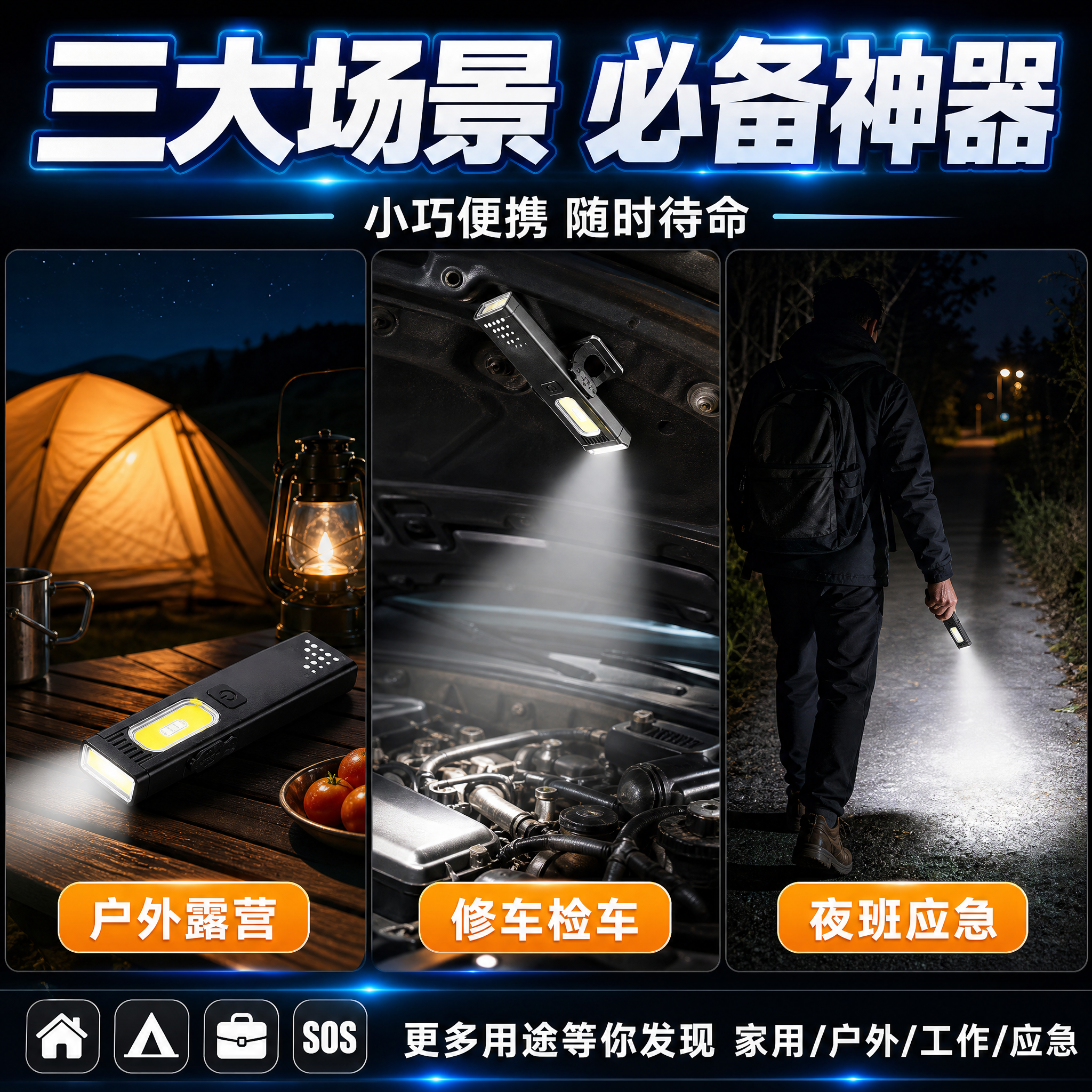 [主图-4] 多场景应用图，主题为户外露营、修车检车、夜班随身… - 图片创意预览