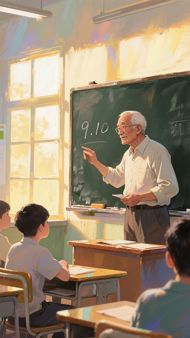 教室日常上课场景，特写年迈的男老师在黑板前专注授课，黑板上写了9.10，学生听讲，暖黄阳光透过窗户洒入，营造柔和光影，画面重心居下