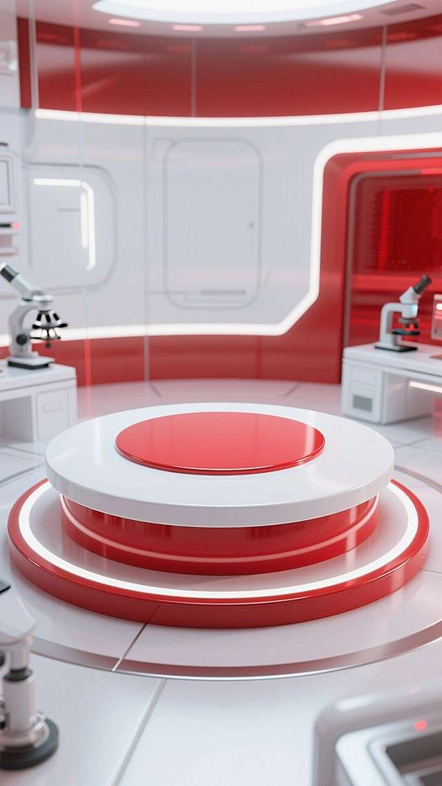 现代化的实验室场景，特写红白圆形展台，背景红白色调为主
