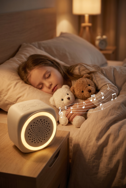 [单张主图] 白噪音助眠小夜灯音箱，高级氛围感主图，主打整晚放松睡眠卖点，适配亚马逊跨境电商平台。
[参考比对] 参考图采用真实使用场景，小孩睡觉温馨卧室氛围，产品放在前景床头柜，画面整体暖色调，突出预览效果