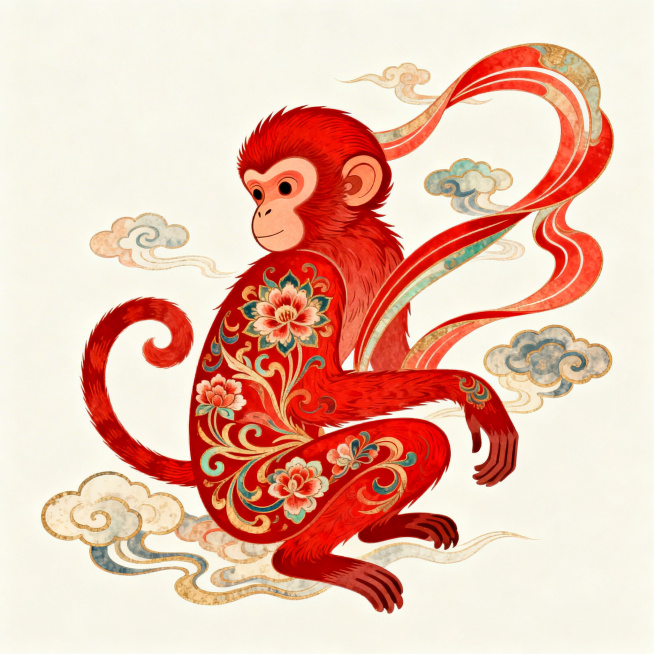 申猴主题插画，融合中国传统风格与敦煌壁画艺术特色，红色主色调，猴子形象融入敦煌飞天元素、祥云纹样、传统花卉图案，线条细腻流畅，色彩饱满浓郁，具有敦煌壁画特有的厚重质感和华丽装饰性预览效果