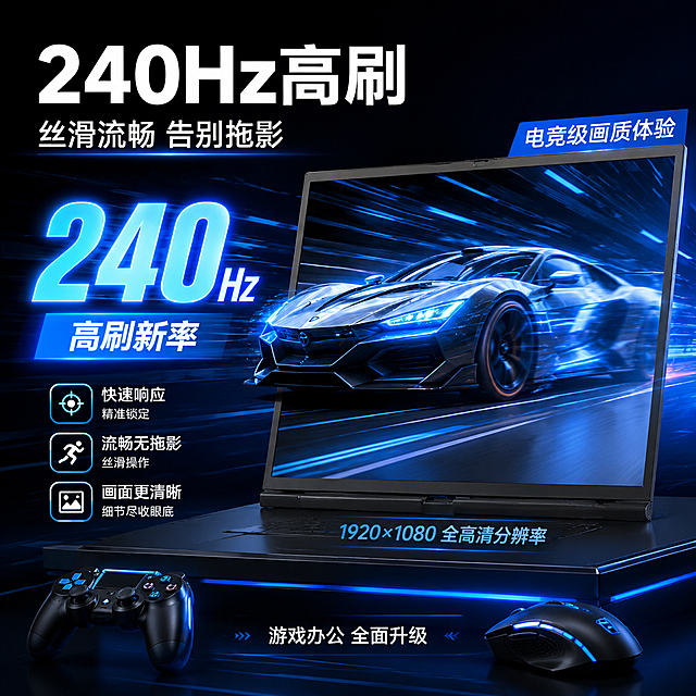 [主图-2] 主题：240Hz高刷新率核心卖点图，突出高刷流畅体验。
[统一基调] 拼多多风格，大字直白、性价比感强、科技蓝黑配色；主标题用粗黑体大字，辅助文字用中等字号，强调色为亮蓝色；背景为深色科技渐变底；整体视觉冲击力强。
[画面] 笔记本屏幕产品居中偏右展示，屏幕点亮显示清晰的高速运动画面效果，体现流畅无拖影。画面左侧用大号数字"240Hz"作为视觉焦点，数字下方标注"高刷新率"。数字周围有速度线和光效元素增强动感。屏幕下方有小字说明"1920×1080 全高清分辨率"。画面底部有游戏手柄、鼠标等电竞元素小图标点缀。
[光影质感] 商业摄影质感，屏幕产品光影自然，屏幕发光效果真实，光效元素与整体融合协调。
[配色] 背景深蓝黑色渐变，标题白色，数字240用亮蓝色发光效果，辅助文字浅灰色。
[文字版式] 左侧上方大标题"240Hz高刷"，下方副标题"丝滑流畅 告别拖影"；屏幕旁标注"电竞级画质体验"；底部小字"游戏办公 全面升级"。文字清晰，不遮挡主体。
[输出要求] 比例1:1，2048×2048px，文字清晰可读，产品清晰不变形，无水印无平台Logo，禁止出现极限词。