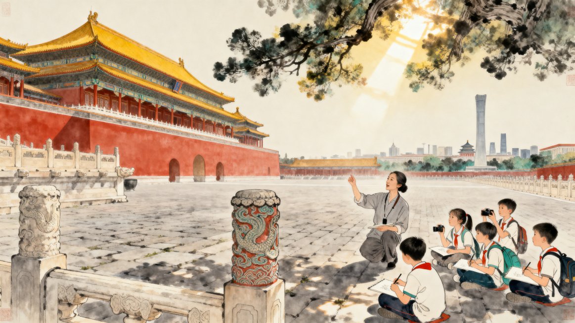 国风工笔淡彩水墨风格，主色调朱红、明黄、青灰、赭石。古今同框温暖画面，左侧是故宫朱红宫墙明黄琉璃瓦飞檐斗拱，右侧连接现代北京中轴线地标，太和殿青石广场上，小学生围坐研学，老师展示讲解斗拱知识，孩子们专预览效果