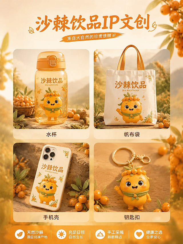 沙棘饮品IP文创设计，使用参考图中立体3D沙棘IP形象，展示IP应用在水杯、帆布袋、手机壳、钥匙扣四种文创产品上，排版整齐的产品展示，保持和参考图一致的写实3D萌系风格，沙棘橙色暖色调