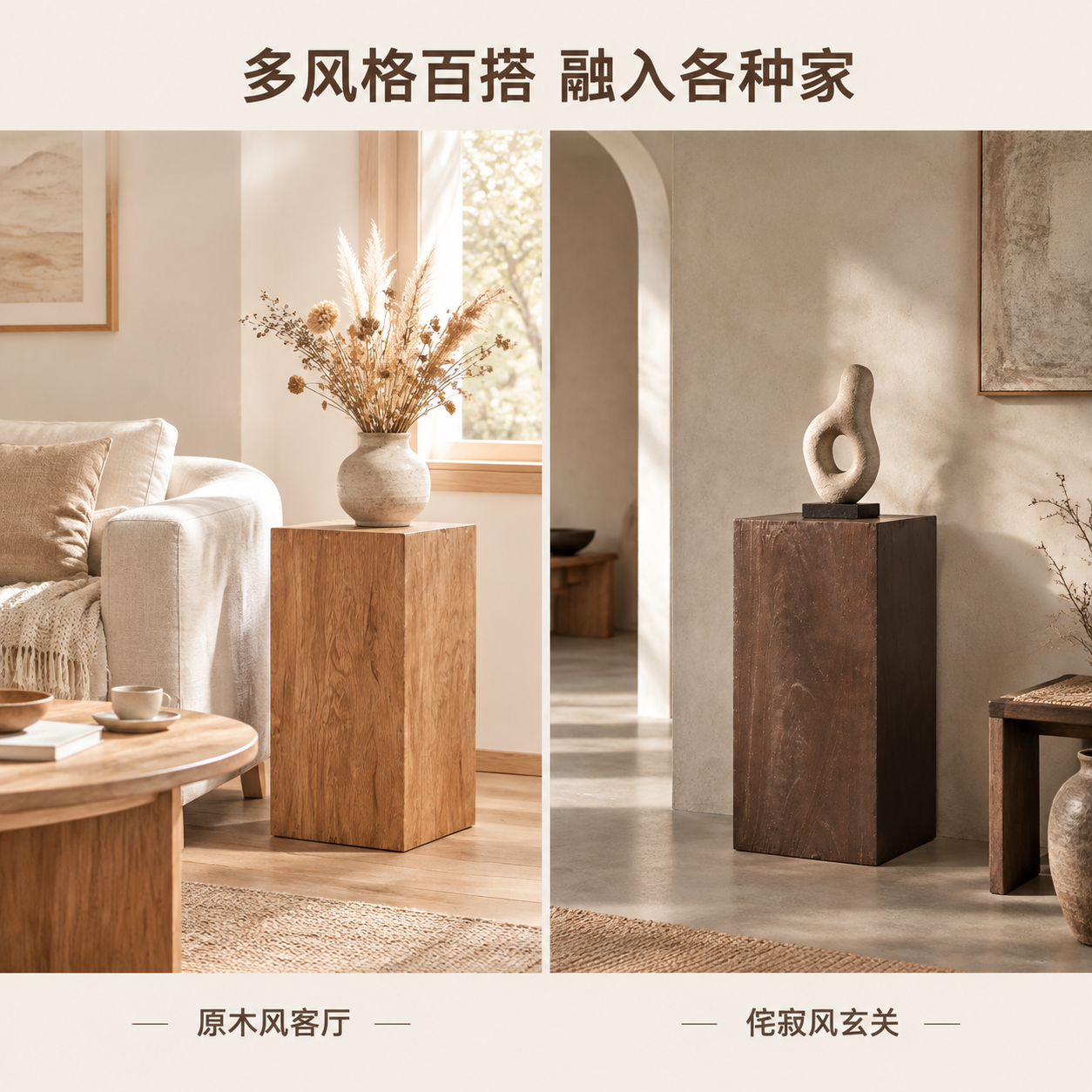 [主图-3] 风格搭配与陈列关系，展示实木花几在不同家居风格中… - 图片创意预览